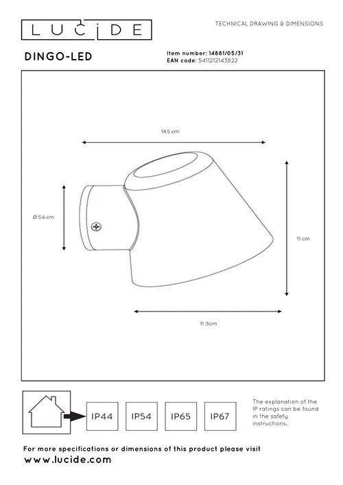 Lucide DINGO-LED - Applique murale Intérieur/Extérieur - LED Dim. - GU10 - 1x5W 3000K - IP44 - Blanc - technique